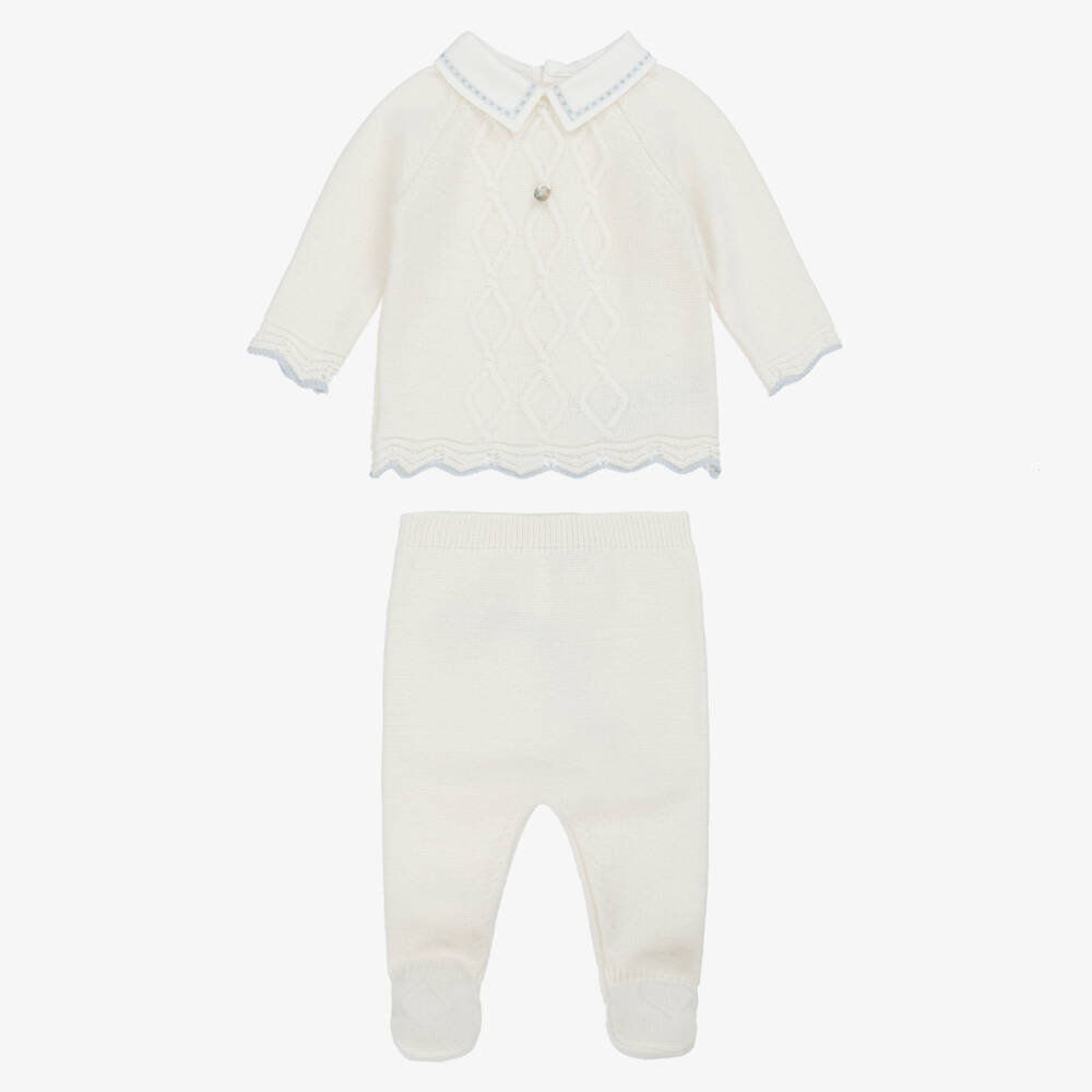 Dr. Kid-Boys Ivory Knit 2 Piece Babygrow with Embroidered Twill Collar | Childrensalon