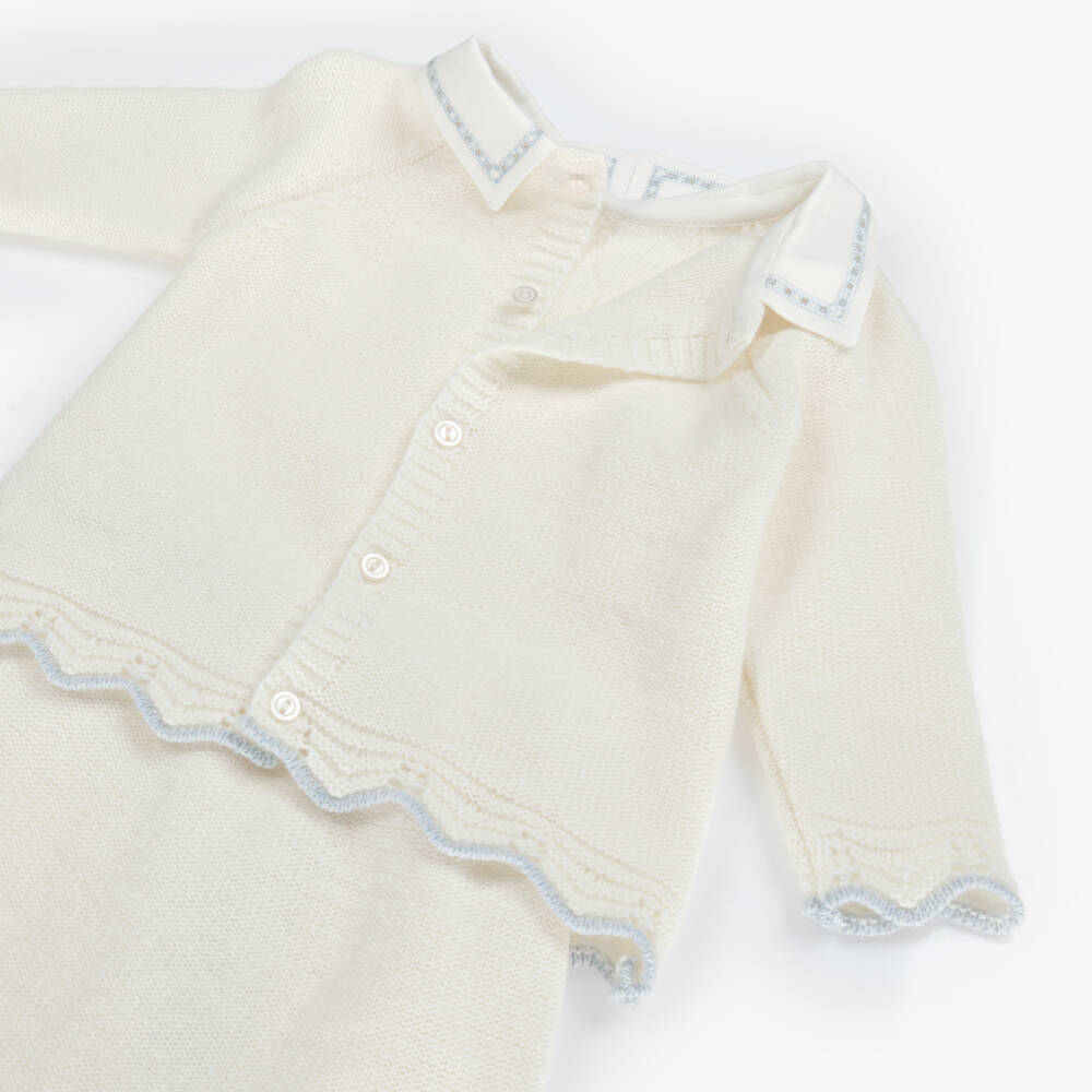 Dr. Kid-Boys Ivory Knit 2 Piece Babygrow with Embroidered Twill Collar | Childrensalon