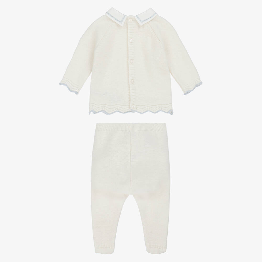 Dr. Kid-Boys Ivory Knit 2 Piece Babygrow with Embroidered Twill Collar | Childrensalon