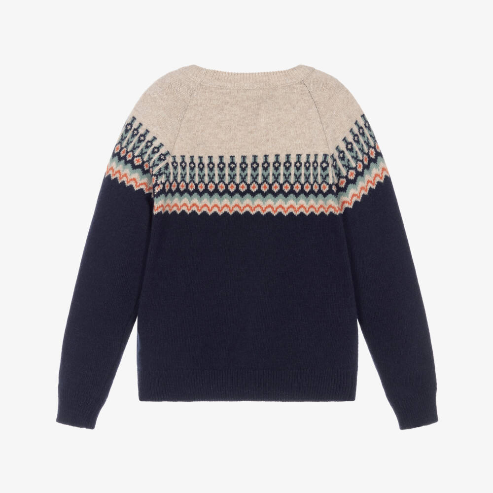 Dr. Kid-Boys Navy Blue & Beige Knitted Fair Isle Sweater | Childrensalon