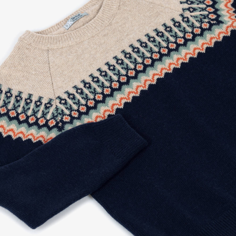 Dr. Kid-Boys Navy Blue & Beige Knitted Fair Isle Sweater | Childrensalon