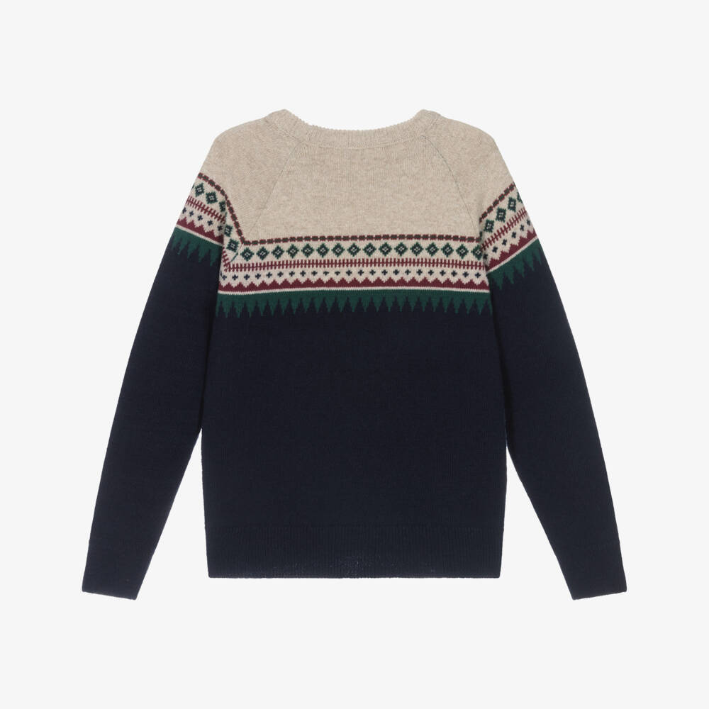 Dr. Kid-Boys Navy Blue Wool & Cotton Fair Isle Sweater | Childrensalon