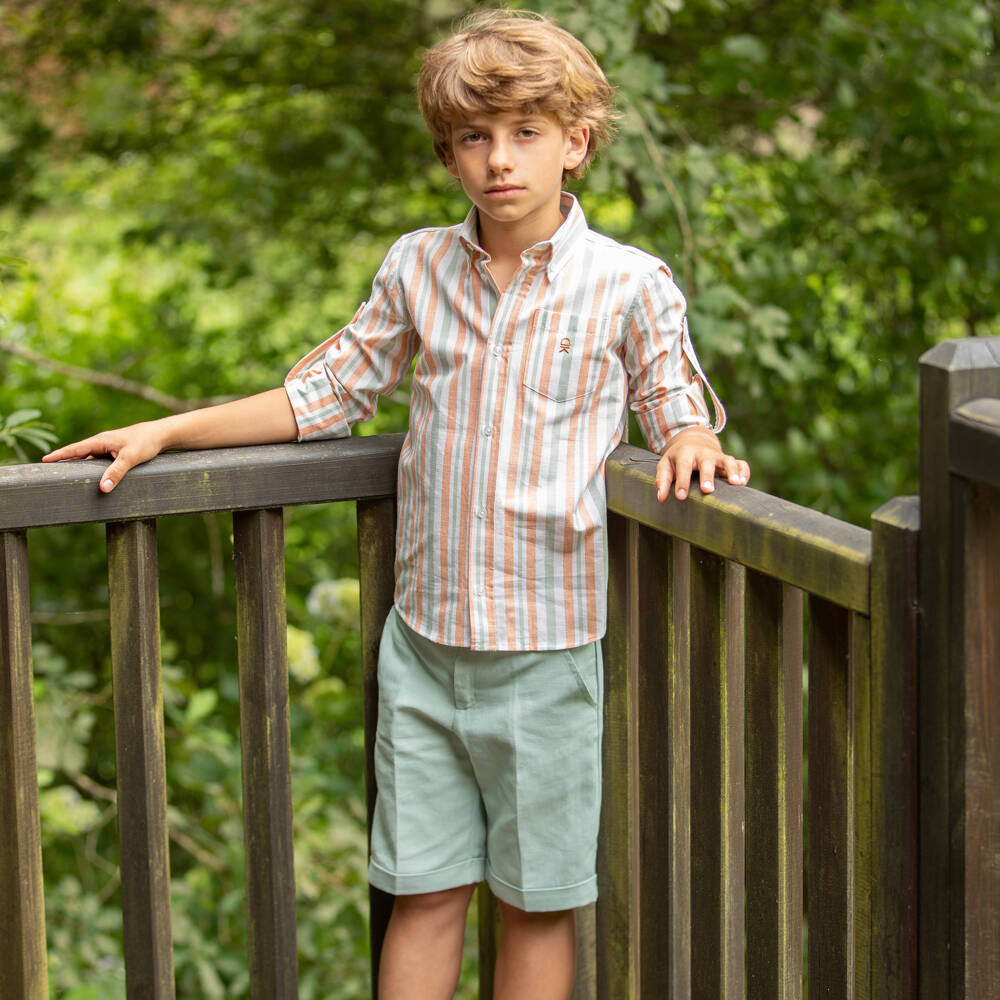 Dr. Kid-Boys Orange & Green Striped Cotton Shirt | Childrensalon