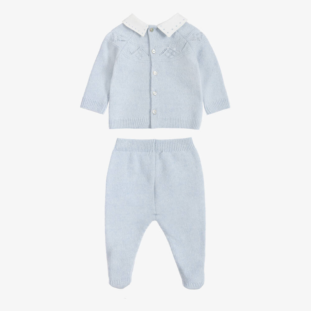 Dr. Kid-Boys Pale Blue Knit 2 Piece Collared Babygrow | Childrensalon