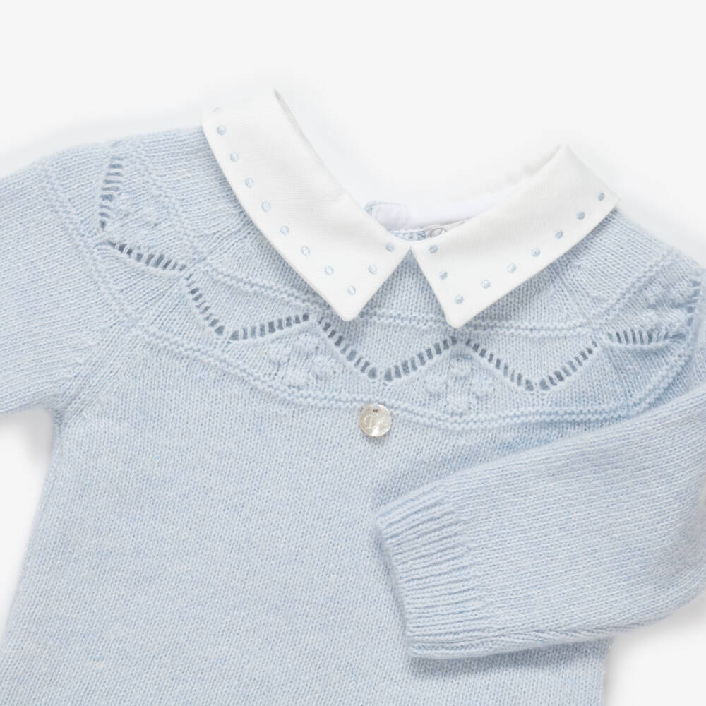 Dr. Kid-Boys Pale Blue Knit 2 Piece Collared Babygrow | Childrensalon