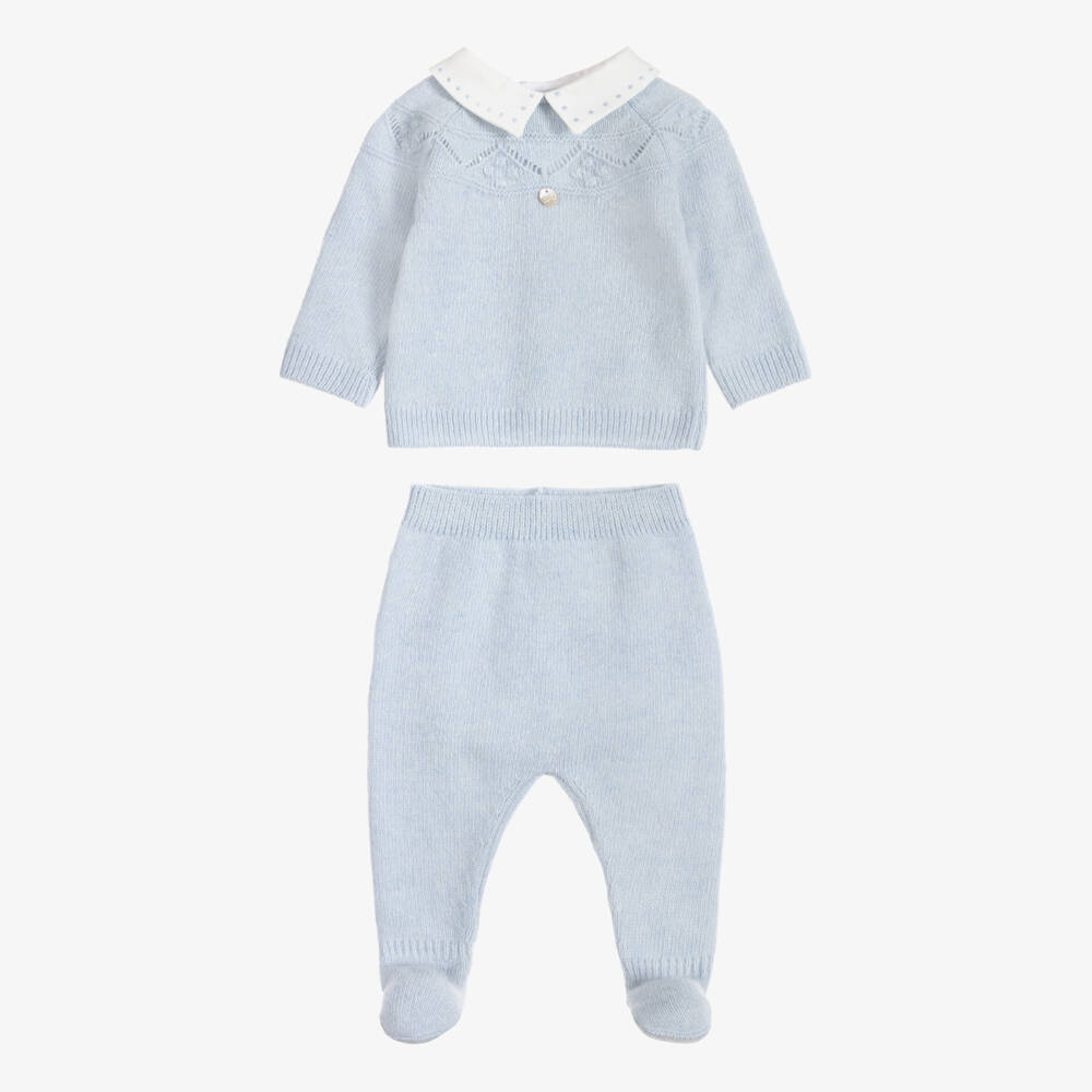 Dr. Kid-Boys Pale Blue Knit 2 Piece Collared Babygrow | Childrensalon