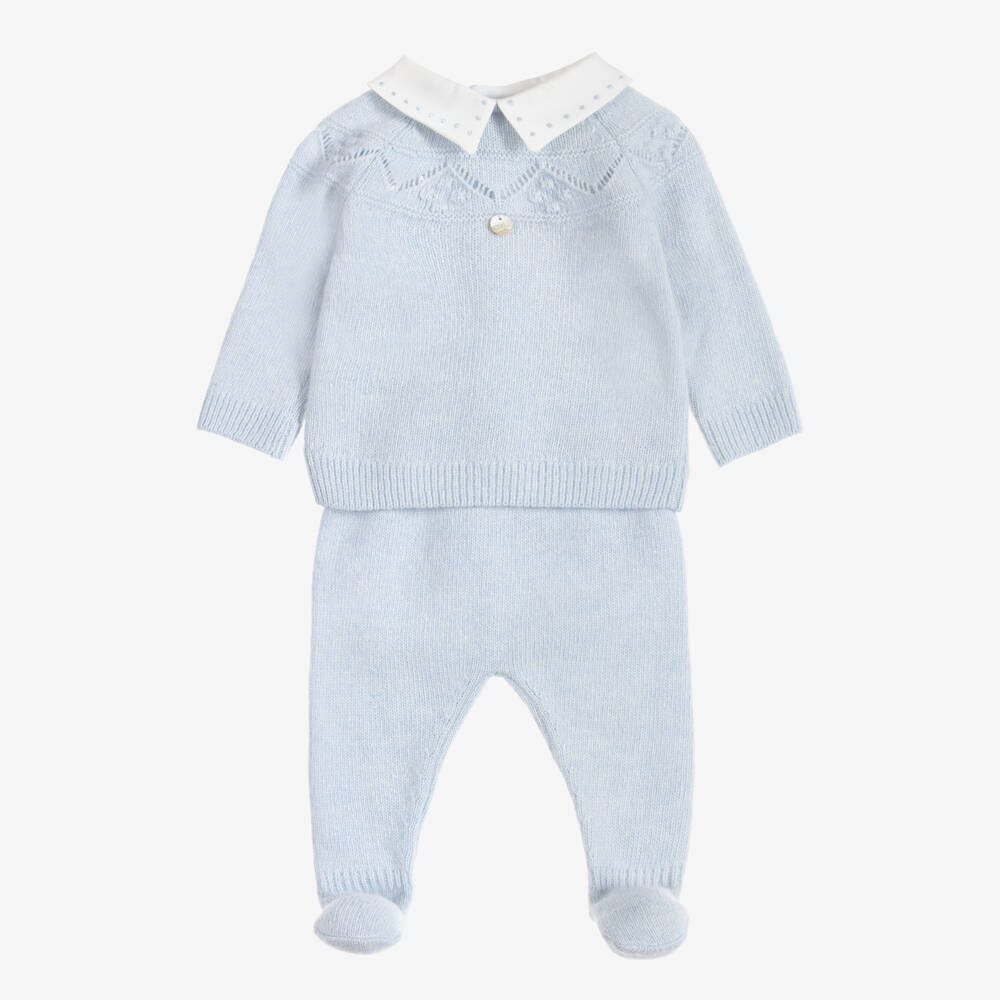 Dr. Kid-Boys Pale Blue Knit 2 Piece Collared Babygrow | Childrensalon