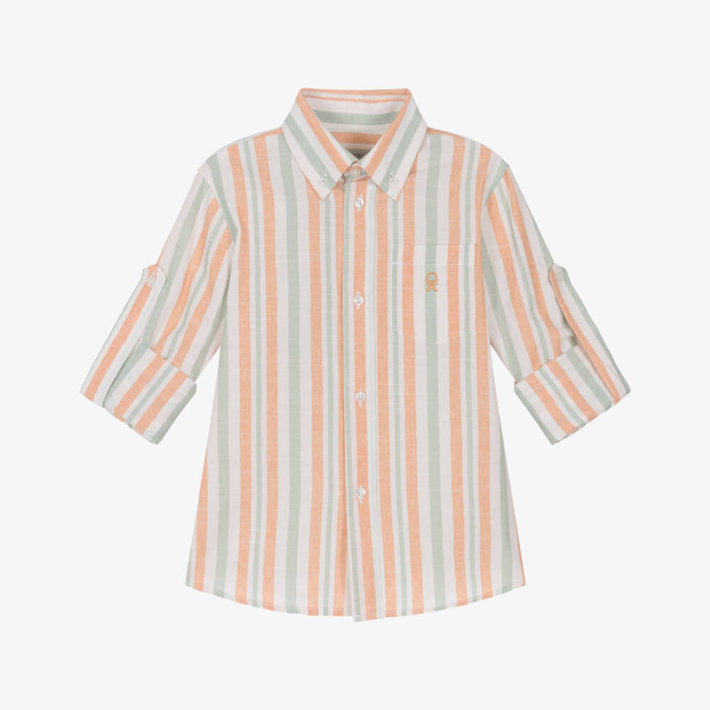 Dr. Kid-Boys Peach Orange & Sage Green Stripe Cotton Shirt | Childrensalon