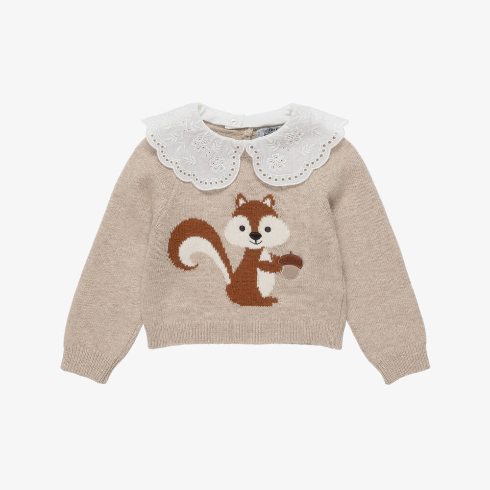 Dr. Kid-Girls Beige Knitted Squirrel Sweater | Childrensalon