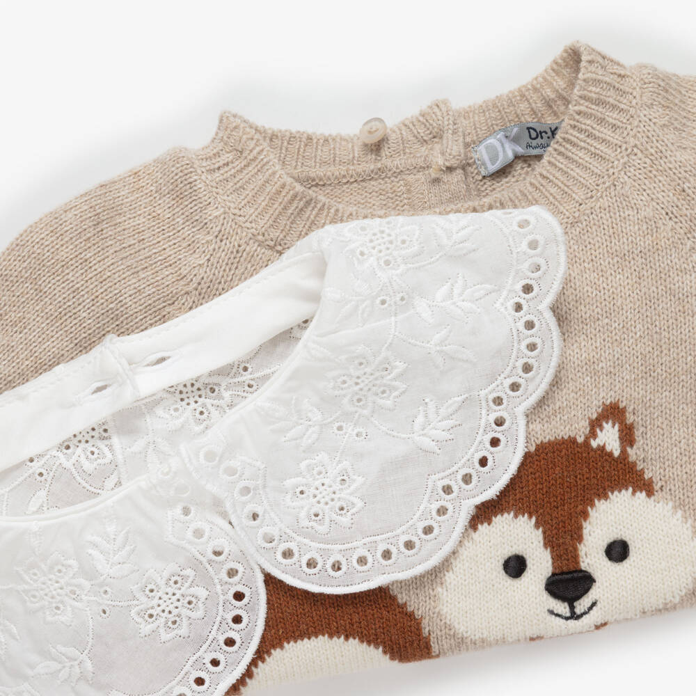 Dr. Kid-Girls Beige Knitted Squirrel Sweater | Childrensalon
