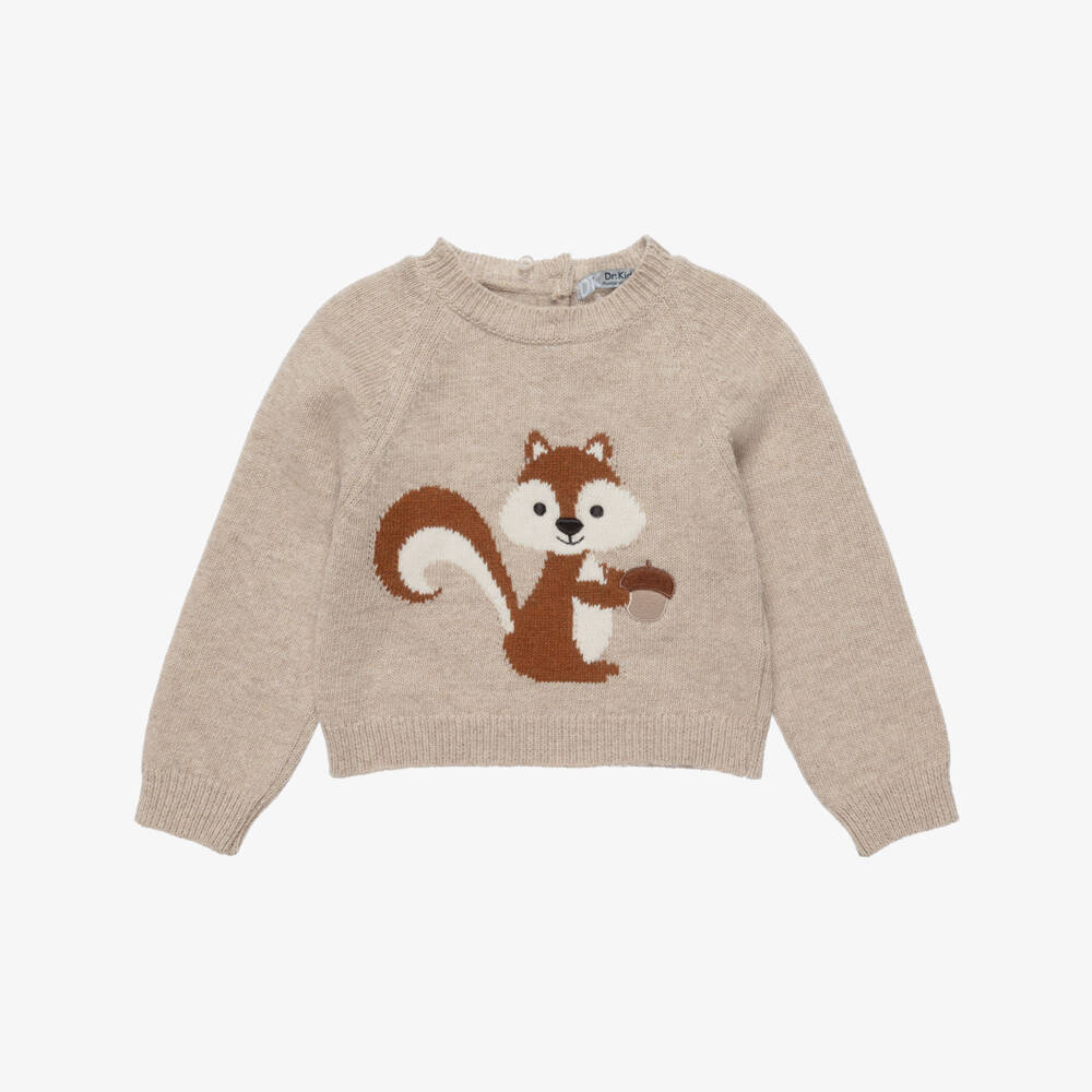 Dr. Kid-Girls Beige Knitted Squirrel Sweater | Childrensalon