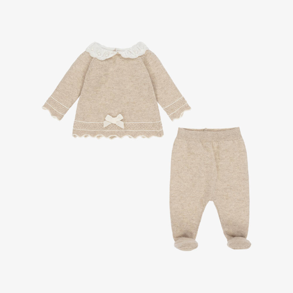Dr. Kid-Girls Beige Wool & Cotton Knit 2 Piece Babygrow | Childrensalon