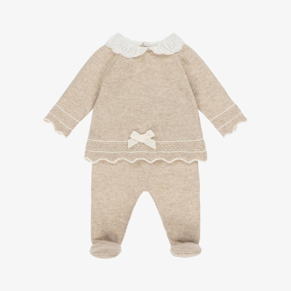 Dr. Kid-Girls Beige Wool & Cotton Knit 2 Piece Babygrow | Childrensalon