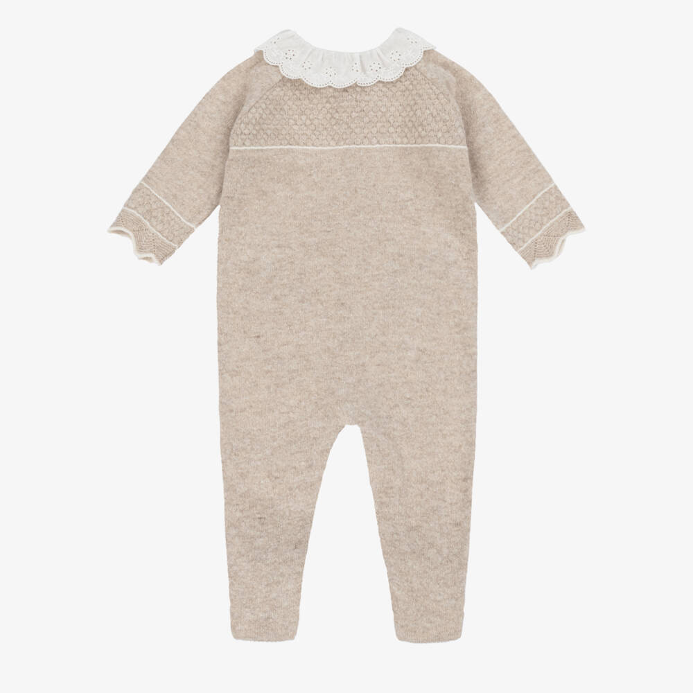 Dr. Kid-Girls Beige Wool & Cotton Knit Babygrow with Collar | Childrensalon
