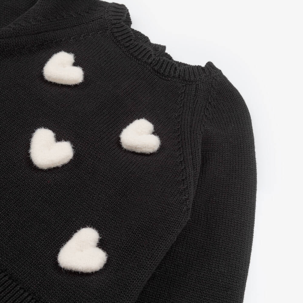 Dr. Kid-Girls Black Cotton Sweater with Ivory Appliqué Hearts | Childrensalon