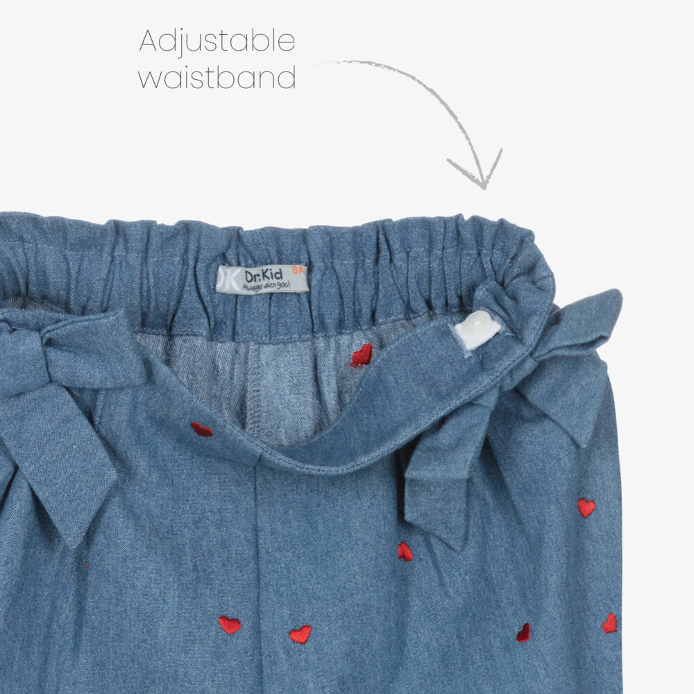 Dr. Kid-Girls Blue Chambray Shorts with Red Embroidered Hearts | Childrensalon