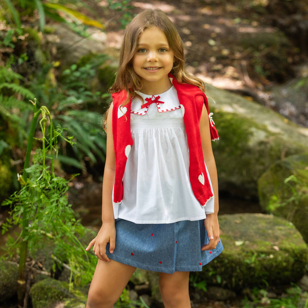 Dr. Kid-Girls Blue Chambray Skirt with Red Embroidered Hearts | Childrensalon