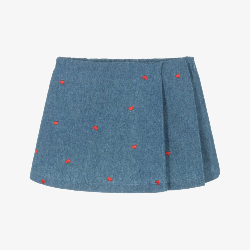 Dr. Kid-Girls Blue Chambray Skirt with Red Embroidered Hearts | Childrensalon