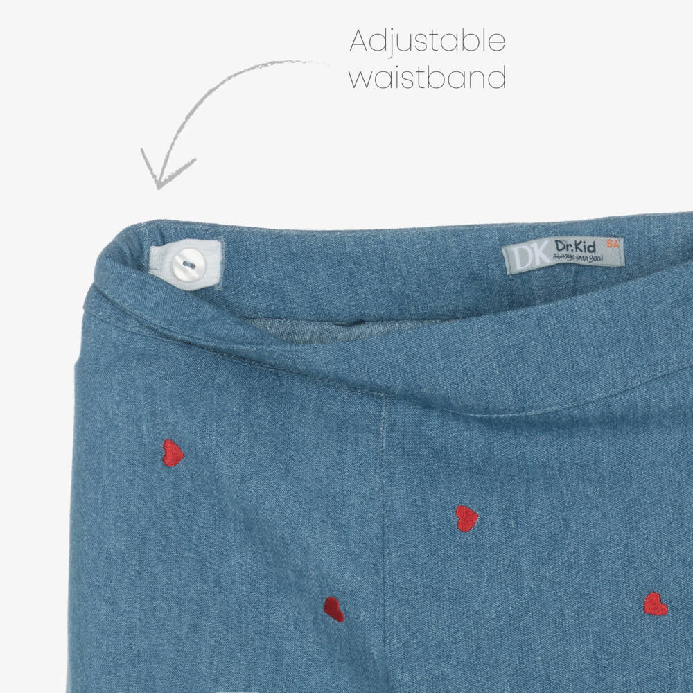 Dr. Kid-Girls Blue Chambray Trousers with Red Embroidered Hearts | Childrensalon