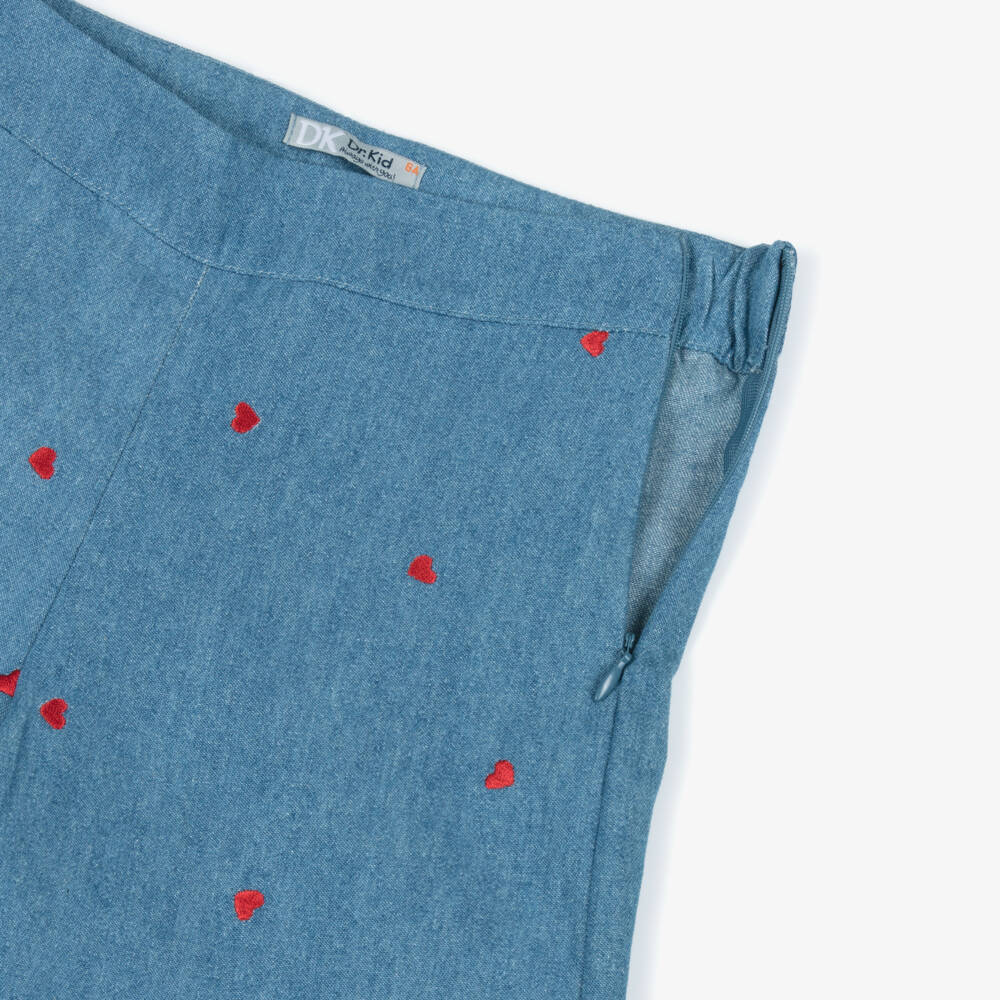 Dr. Kid-Girls Blue Chambray Trousers with Red Embroidered Hearts | Childrensalon