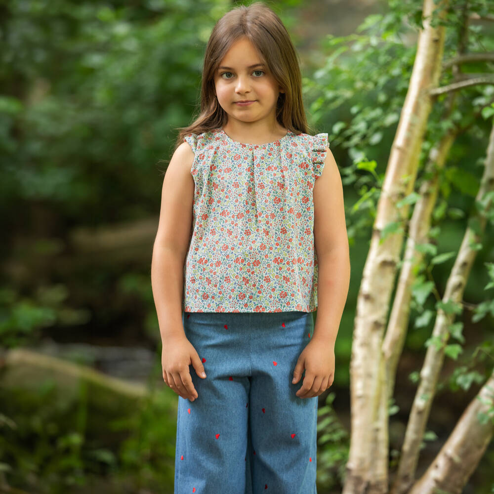Dr. Kid-Girls Blue Chambray Trousers with Red Embroidered Hearts | Childrensalon