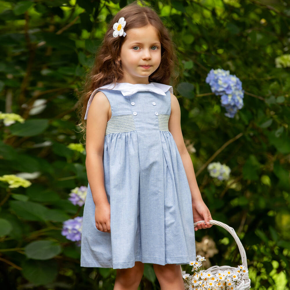 Dr. Kid-فستان بياقة بحرية قطن لون أزرق للبنات | Childrensalon