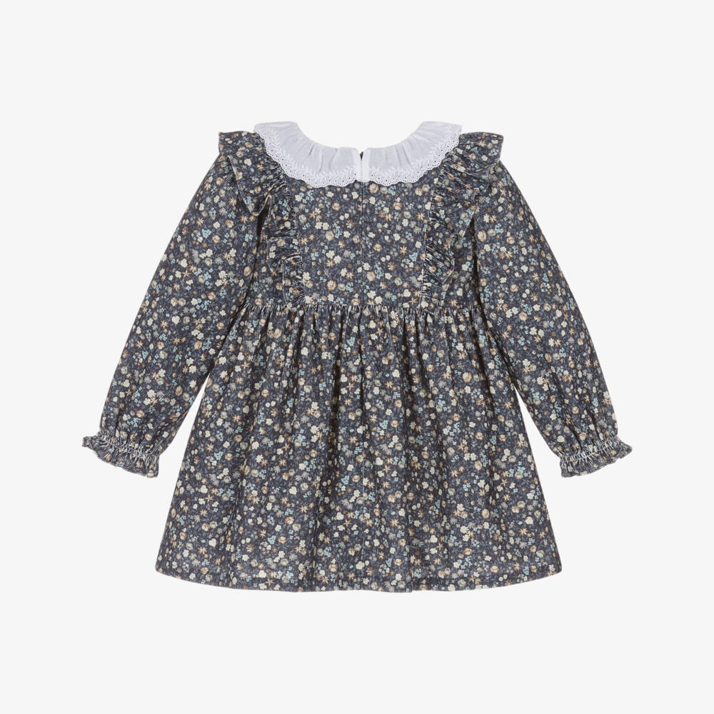 Dr. Kid-Girls Blue Floral Needlecord Dress with Ruffle Collar | Childrensalon
