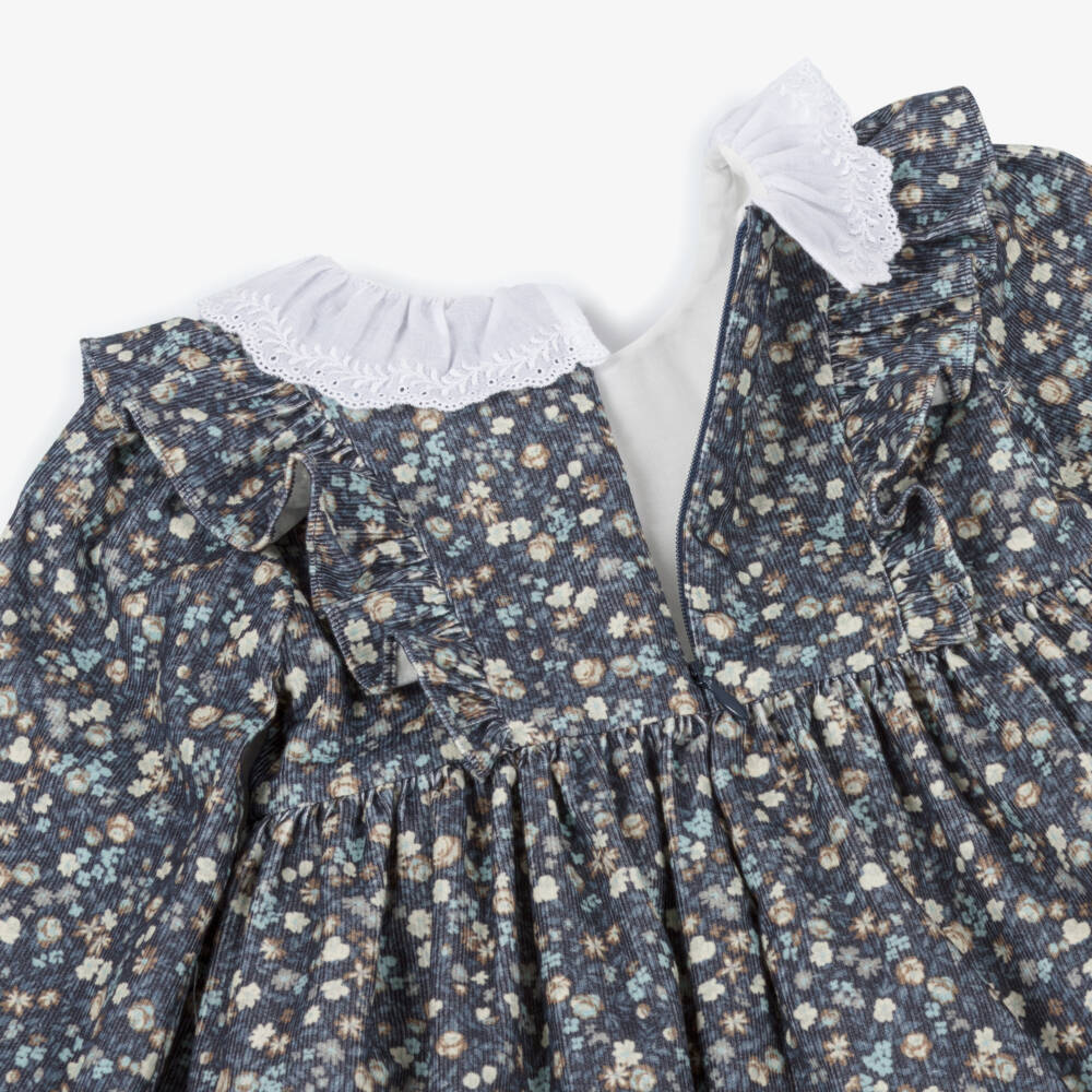 Dr. Kid-Girls Blue Floral Needlecord Dress with Ruffle Collar | Childrensalon