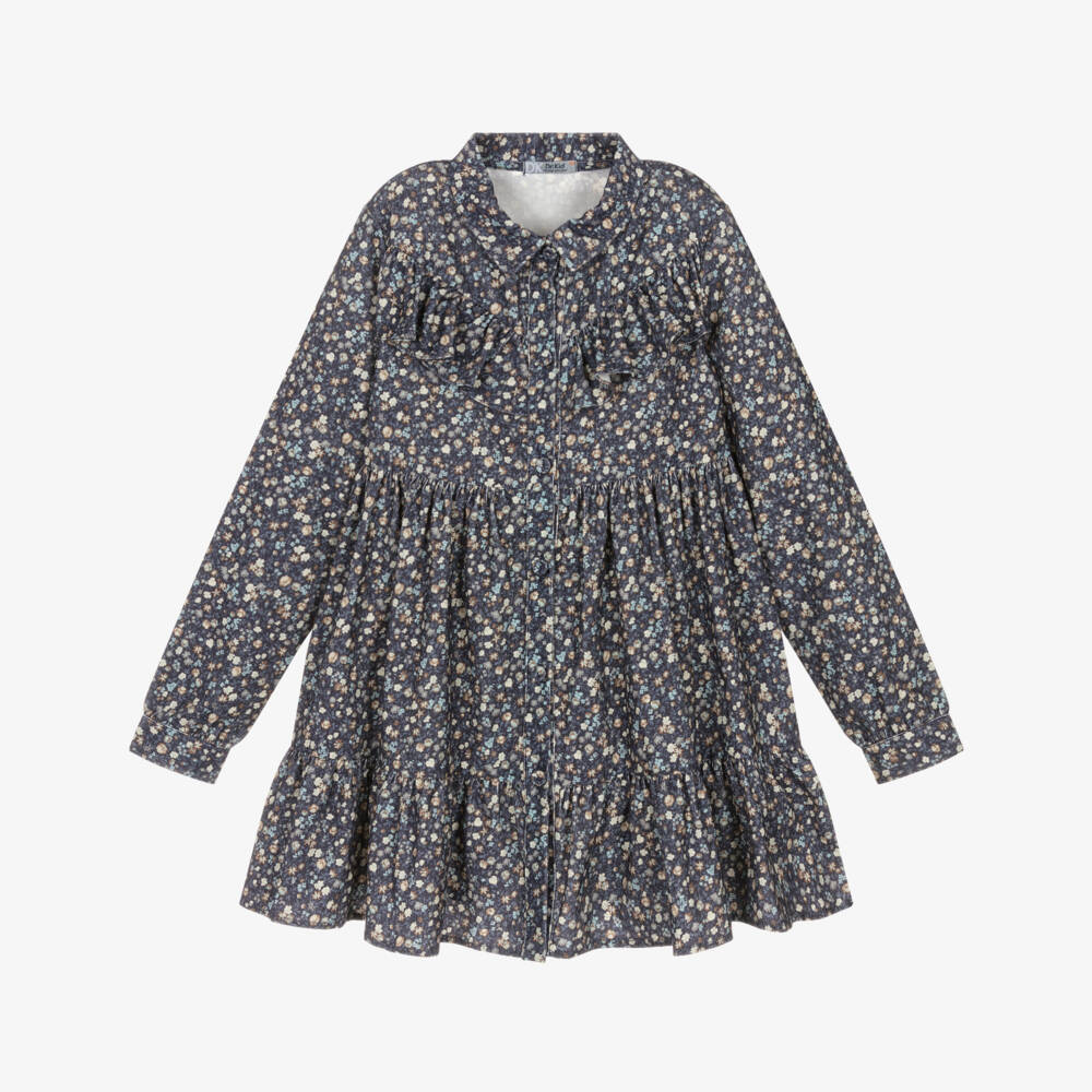 Dr. Kid-Girls Blue Floral Needlecord Dress with Ruffles | Childrensalon