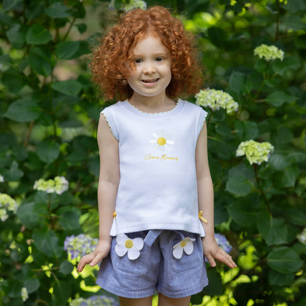 Dr. Kid-Girls Blue Marl Shorts with Daisy Appliqués | Childrensalon