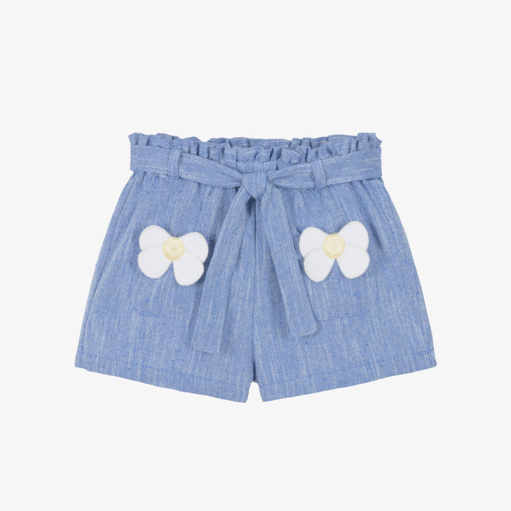 Dr. Kid-Girls Blue Marl Shorts with Daisy Appliqués | Childrensalon