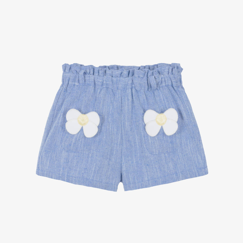 Dr. Kid-Girls Blue Marl Shorts with Daisy Appliqués | Childrensalon