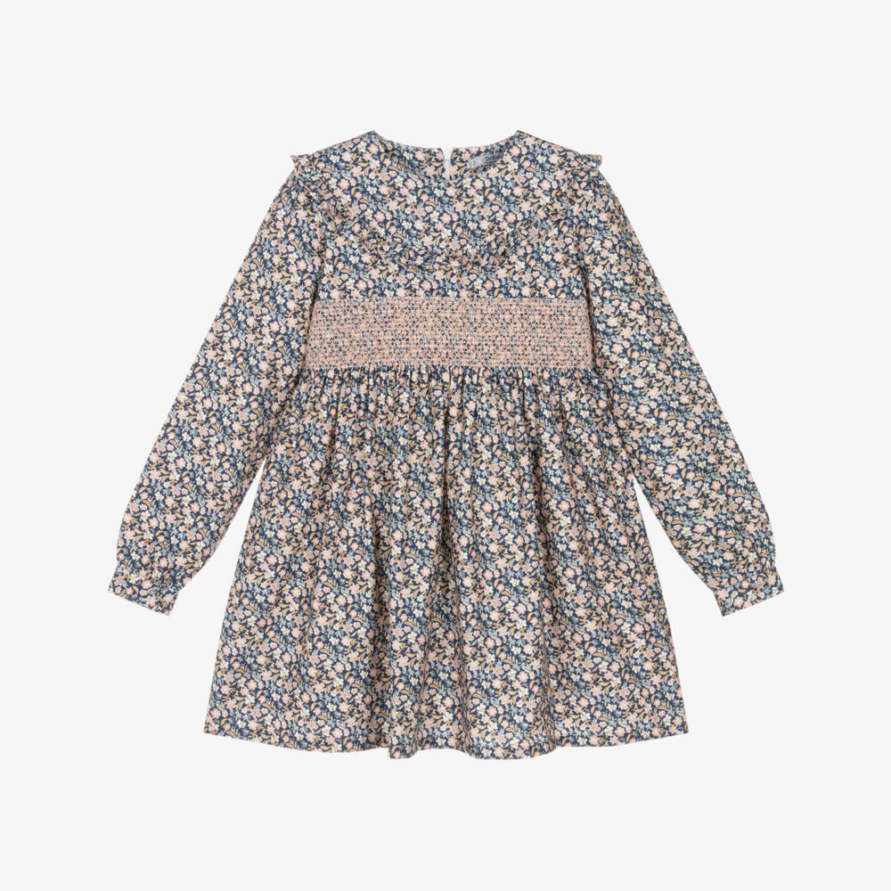 Dr. Kid-Girls Blue & Pink Floral Cotton Twill Smocked Dress | Childrensalon