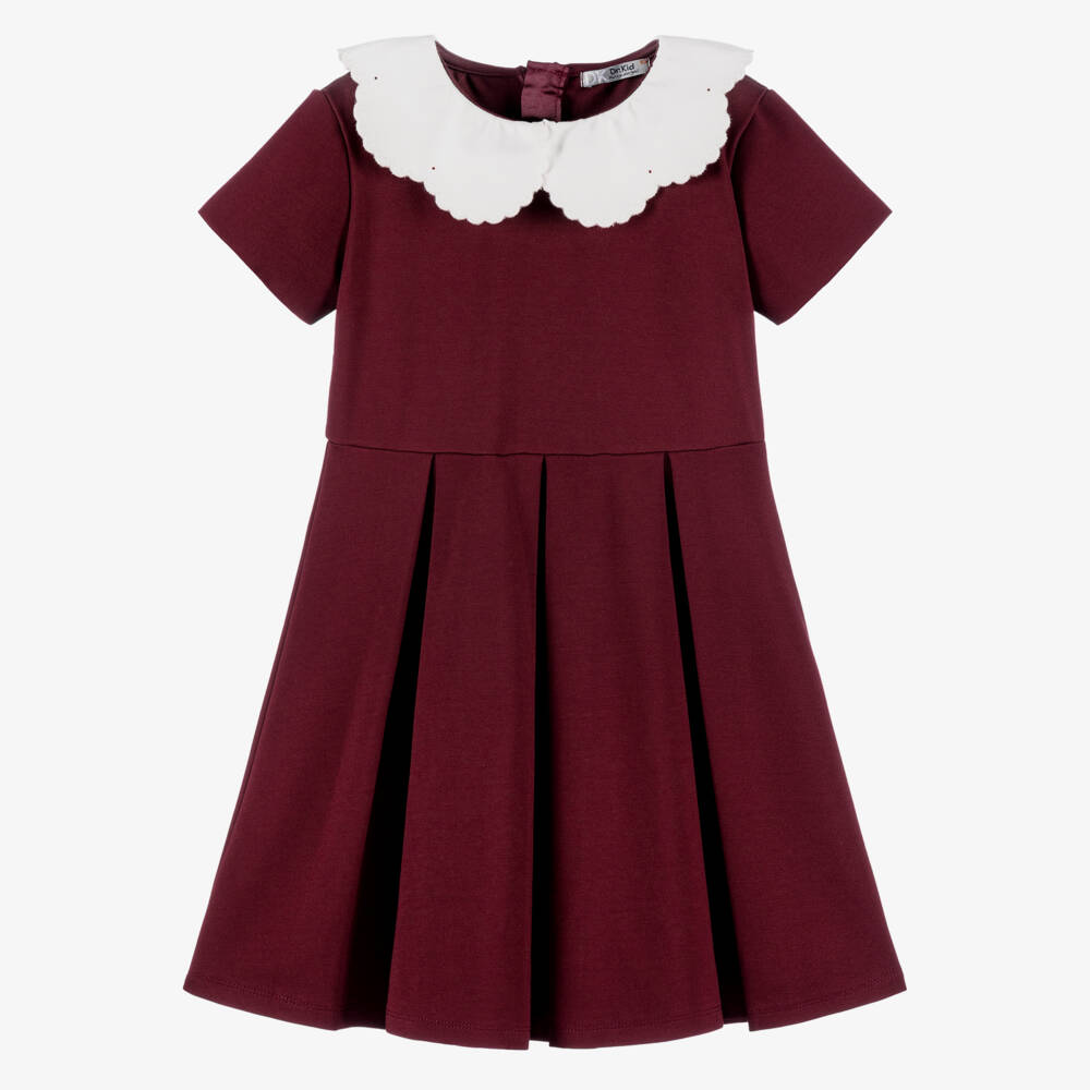 Dr. Kid-Girls Burgundy Red Milano Jersey Dress with Scalloped Collar | Childrensalon