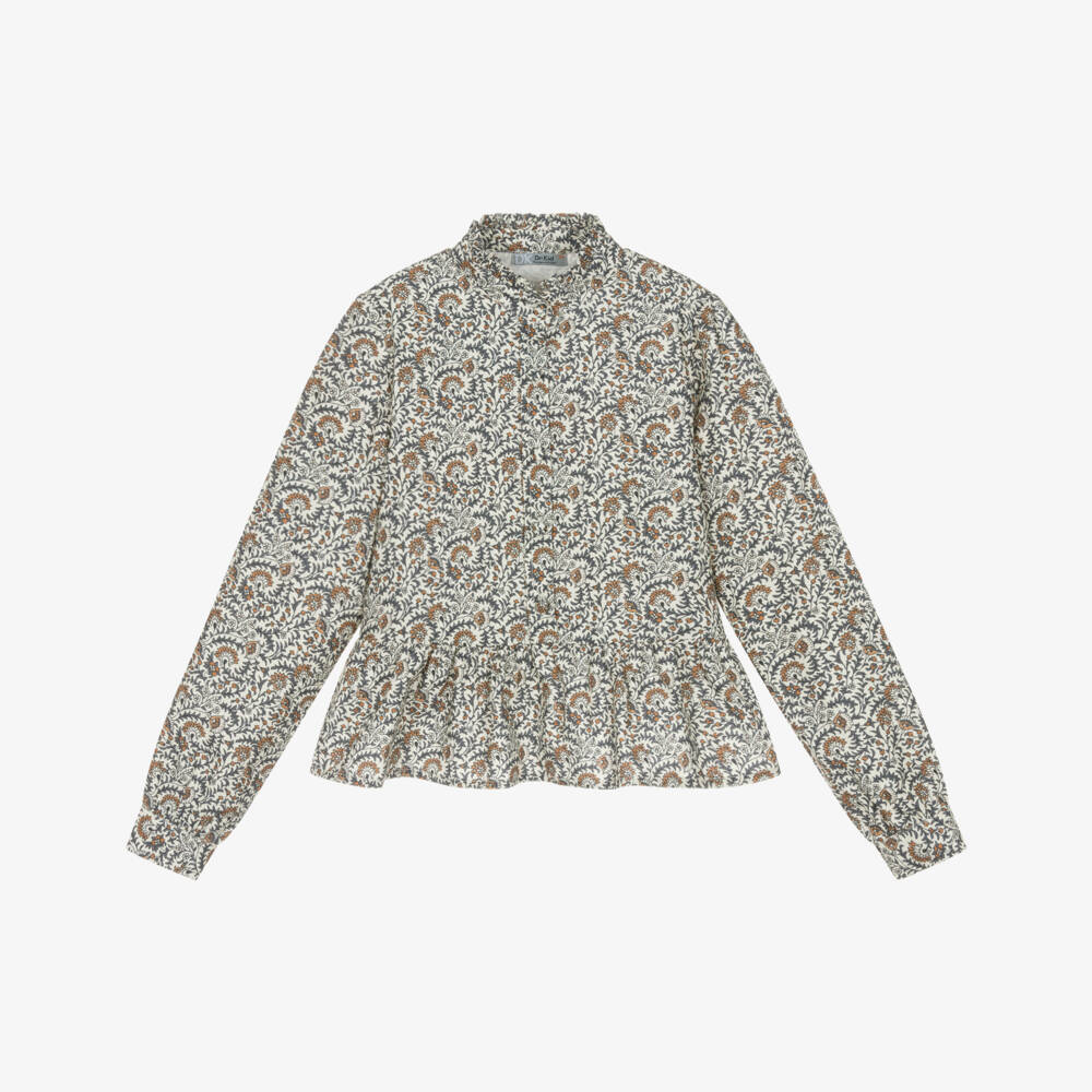 Dr. Kid-Girls Ivory & Blue Brushed Cotton Floral Blouse | Childrensalon