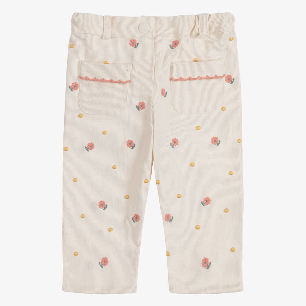 Dr. Kid-Girls Ivory Corduroy Trousers with Embroidered Pink Flowers | Childrensalon