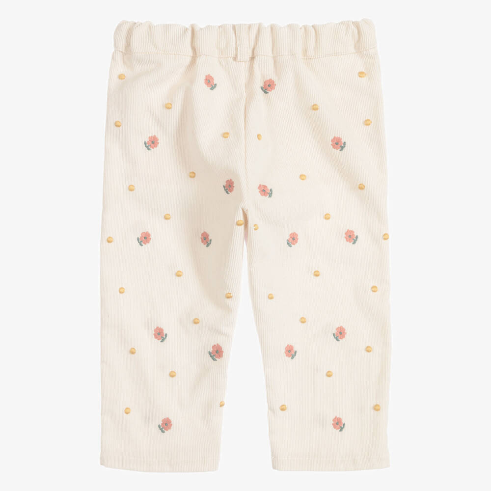 Dr. Kid-Girls Ivory Corduroy Trousers with Embroidered Pink Flowers | Childrensalon