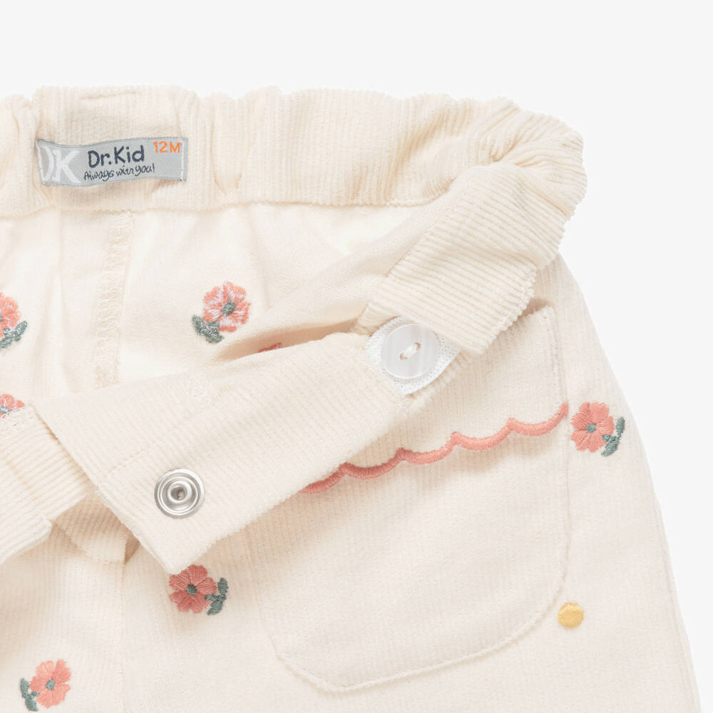 Dr. Kid-Girls Ivory Corduroy Trousers with Embroidered Pink Flowers | Childrensalon