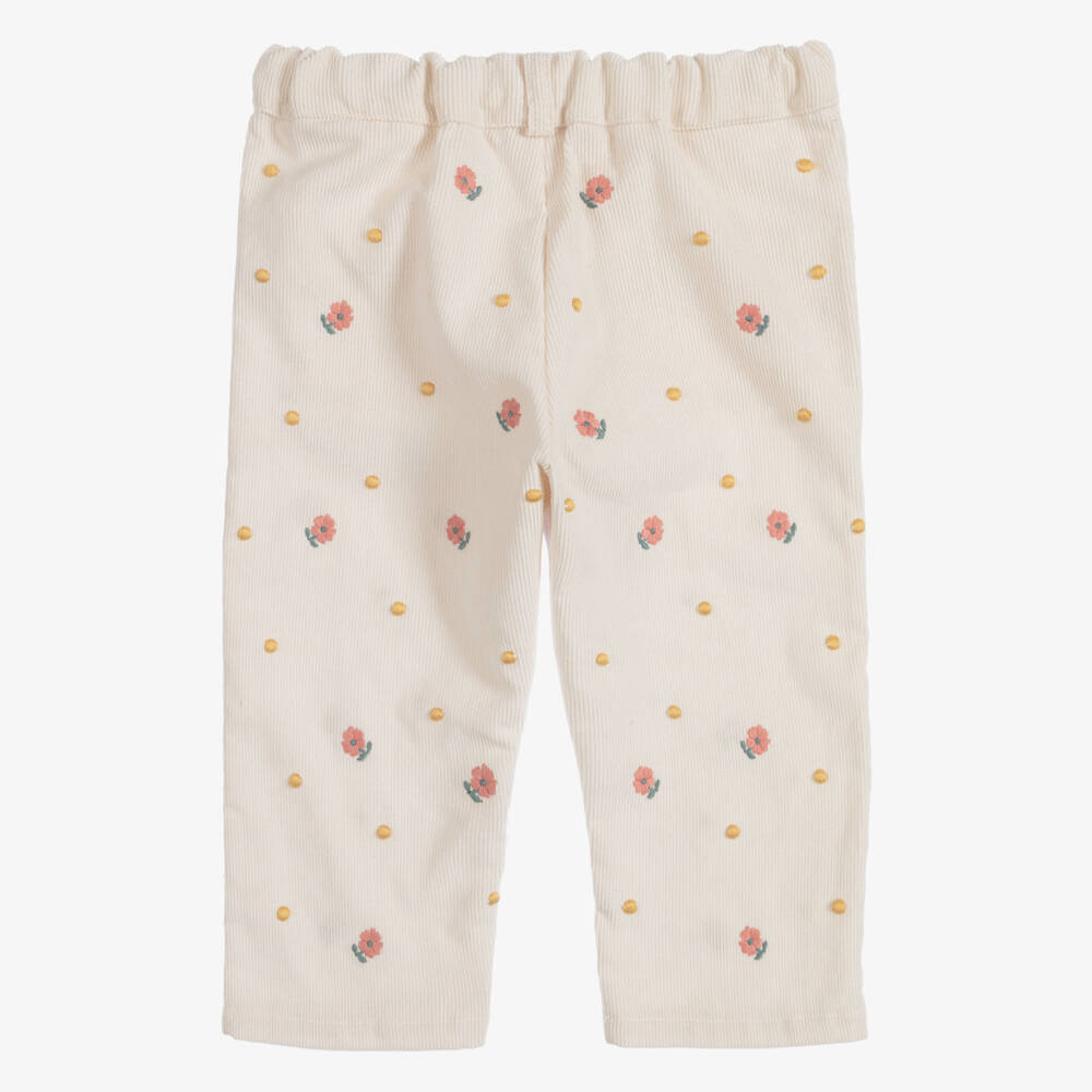 Dr. Kid-Girls Ivory Corduroy Trousers with Embroidered Pink Flowers | Childrensalon
