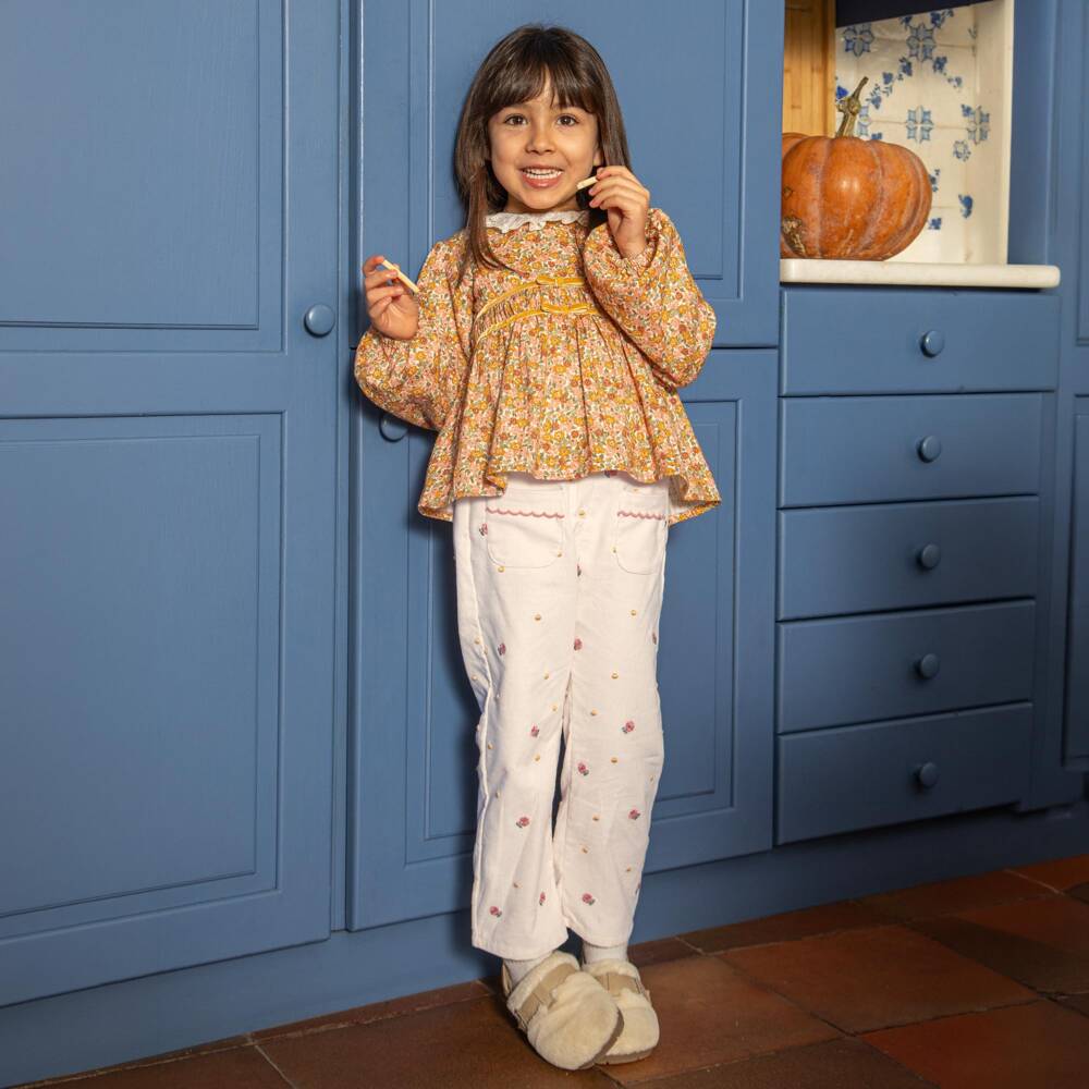 Dr. Kid-Girls Ivory Corduroy Trousers with Embroidered Pink Flowers | Childrensalon