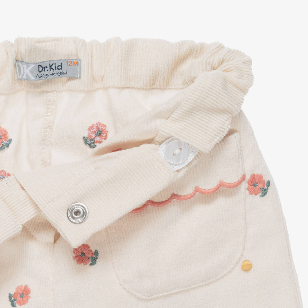 Dr. Kid-Girls Ivory Corduroy Trousers with Embroidered Pink Flowers | Childrensalon