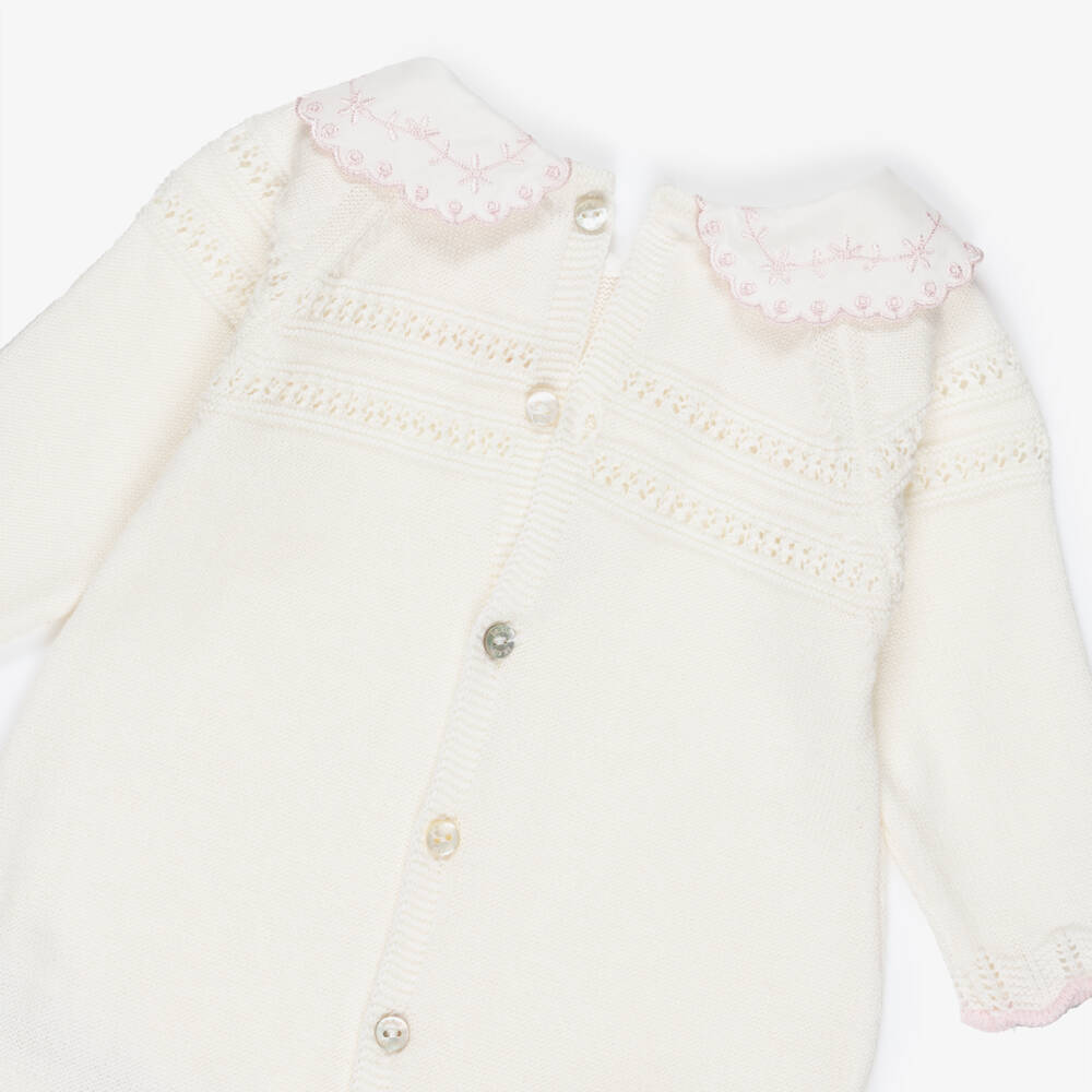 Dr. Kid-Girls Ivory Cotton Babygrow with Pink Embroidered Collar | Childrensalon