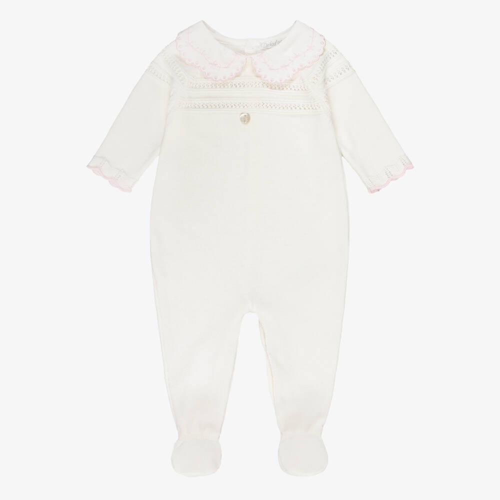 Dr. Kid-Girls Ivory Cotton Babygrow with Pink Embroidered Collar | Childrensalon
