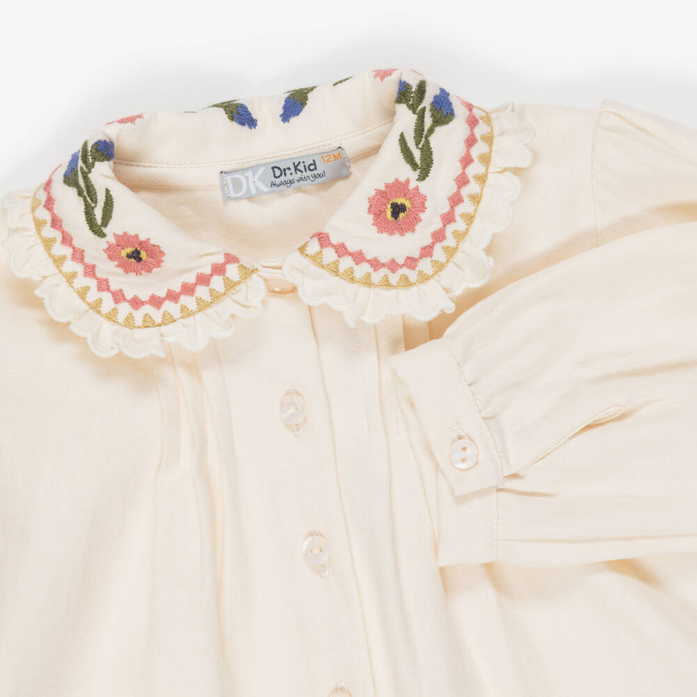 Dr. Kid-Girls Ivory Cotton Blouse with Embroidered Collar | Childrensalon