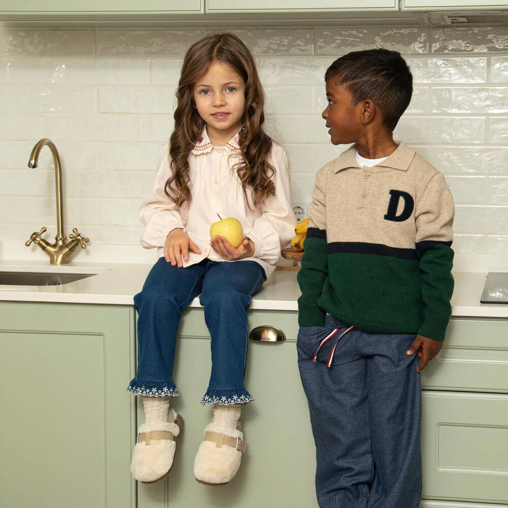 Dr. Kid-Girls Ivory Cotton Blouse with Embroidered Collar | Childrensalon