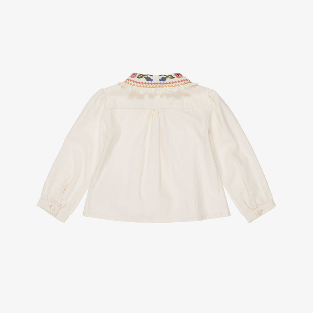 Dr. Kid-Girls Ivory Cotton Blouse with Embroidered Collar | Childrensalon