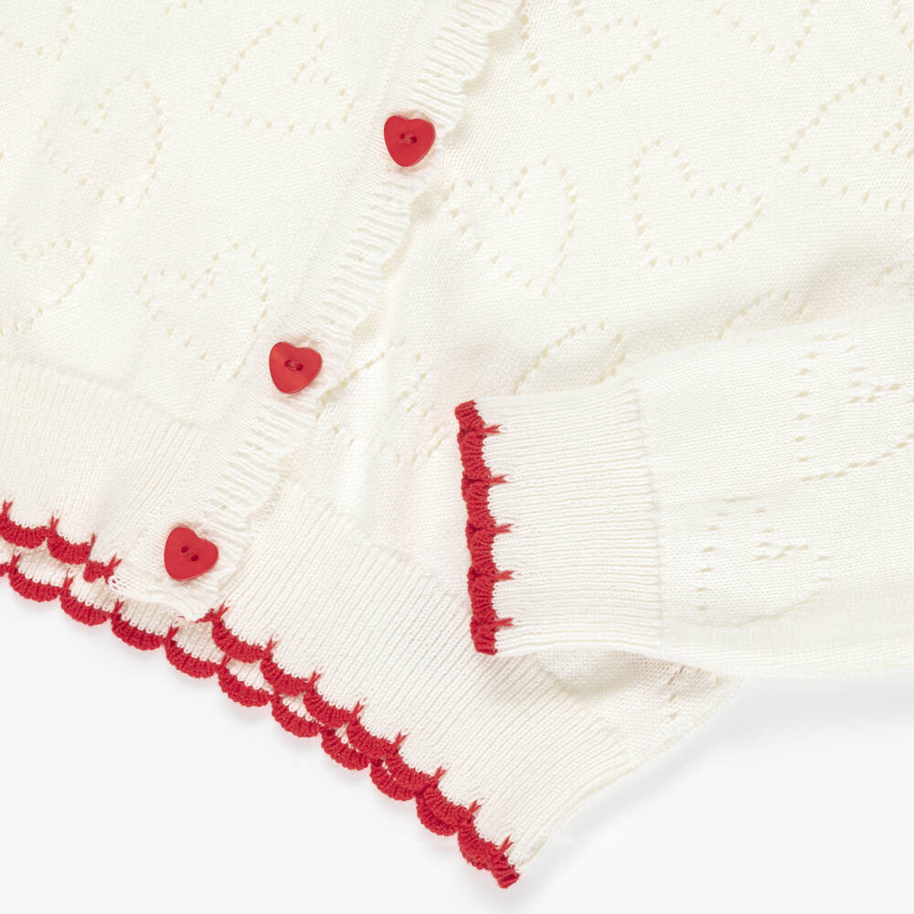 Dr. Kid-Girls Ivory Cotton Knit Heart Pattern Cardigan | Childrensalon