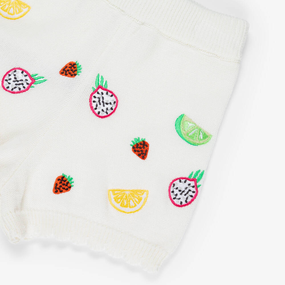 Dr. Kid-Girls Ivory Cotton Knit Shorts with Embroidered Fruits | Childrensalon