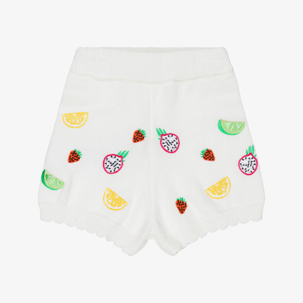 Dr. Kid-Girls Ivory Cotton Knit Shorts with Embroidered Fruits | Childrensalon
