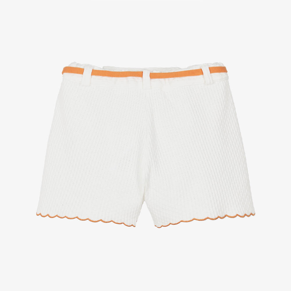 Dr. Kid-Girls Ivory Cotton Knit Shorts with Orange Tassel Belt | Childrensalon